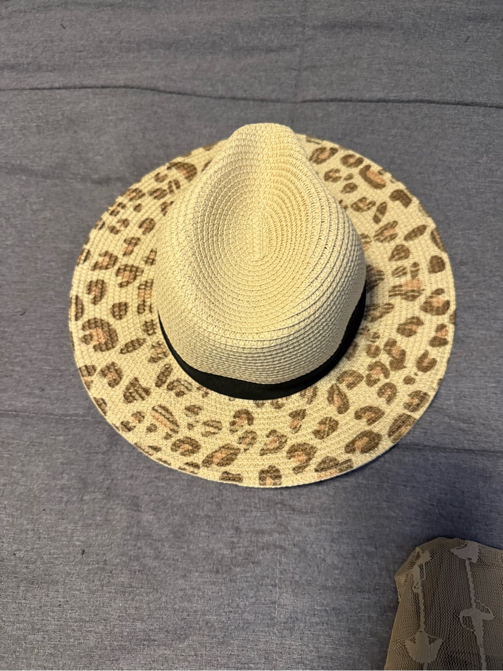 Leopard Print Straw Fedora Hat - Tan & Black